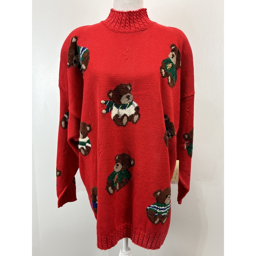 NEW! Marisa Christina 1994 Christmas Sweater Sz 3X Plus Red Teddy Bears Mock Nec